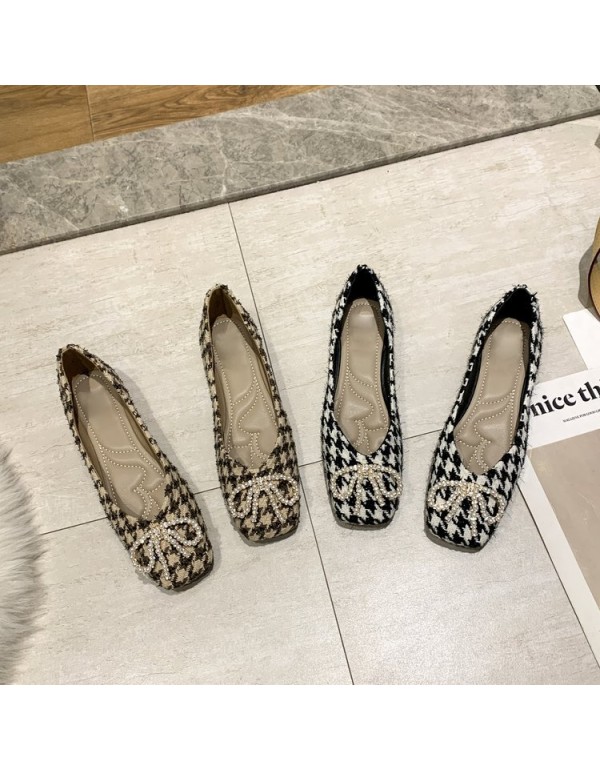 2021 spring new flat sole single shoes women's head shallow mouth thousand bird grid bean shoes bow pearl women's shoes wholesale