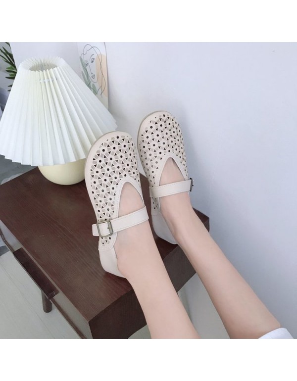 2021 spring and summer new flat sole single shoes round head shallow mouth slotted buckle hollow Doudou shoes soft sole women's shoes wholesale