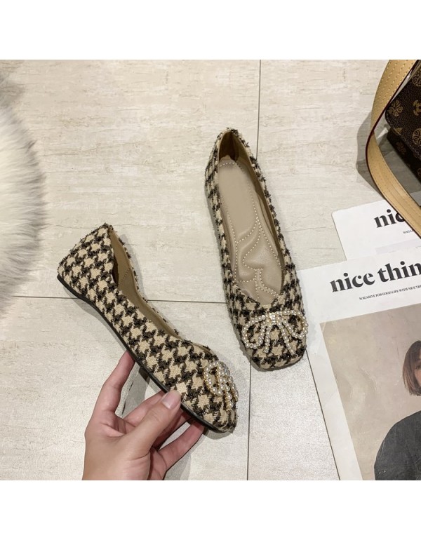 2021 spring new flat sole single shoes women's head shallow mouth thousand bird grid bean shoes bow pearl women's shoes wholesale