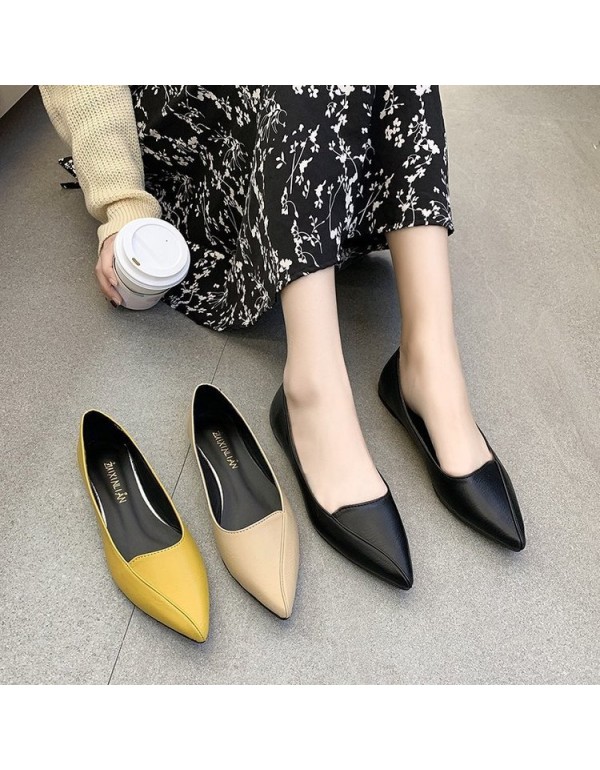 2021 spring new Korean flat shoes women's pointed shallow mouth flat sole shoes leather stitching comfortable women's shoes wholesale