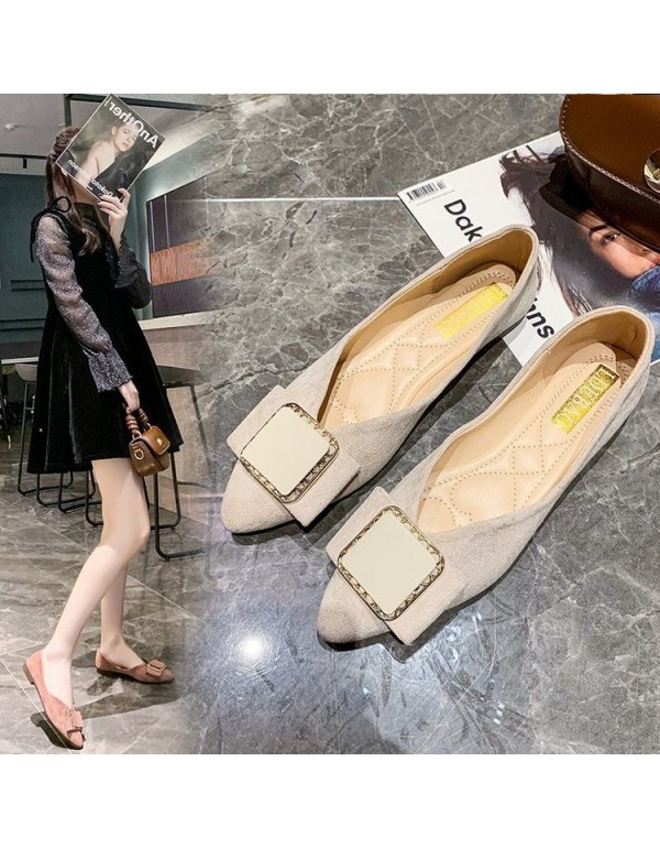 2021 autumn new Korean flat sole single shoes women's pointed shallow mouth bow square buckle suede comfortable women's shoes wholesale