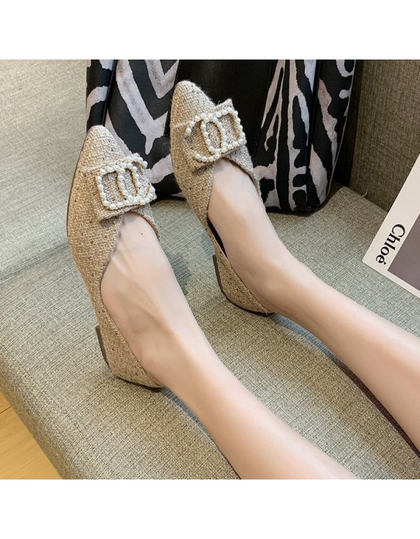 2021 spring new fairy style pointed shallow mouth single shoes pearl buckle cover foot flat shoes comfortable women's shoes wholesale