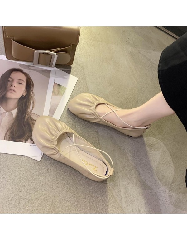 2021 spring new Korean flat sole single shoes Square Head shallow mouth flat heel Doudou shoes cross strap fashion women's shoes