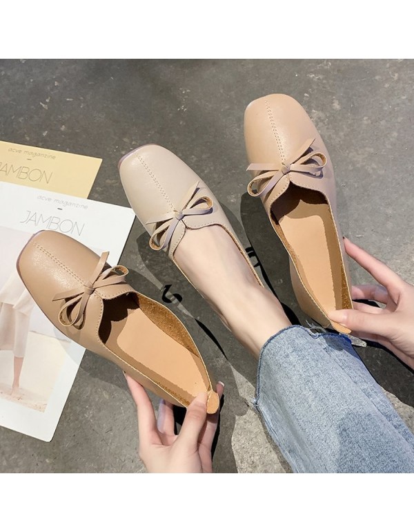 2021 spring new retro square head shallow mouth flat sole single shoe bow flat heel soft bottom pea shoes women's shoes wholesale