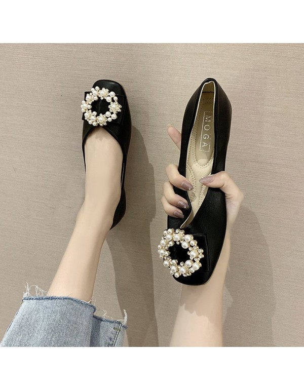 2021 autumn new Korean flat sole single shoes Square Head shallow mouth pearl buckle soft bottom pea shoes comfortable women's shoes wholesale