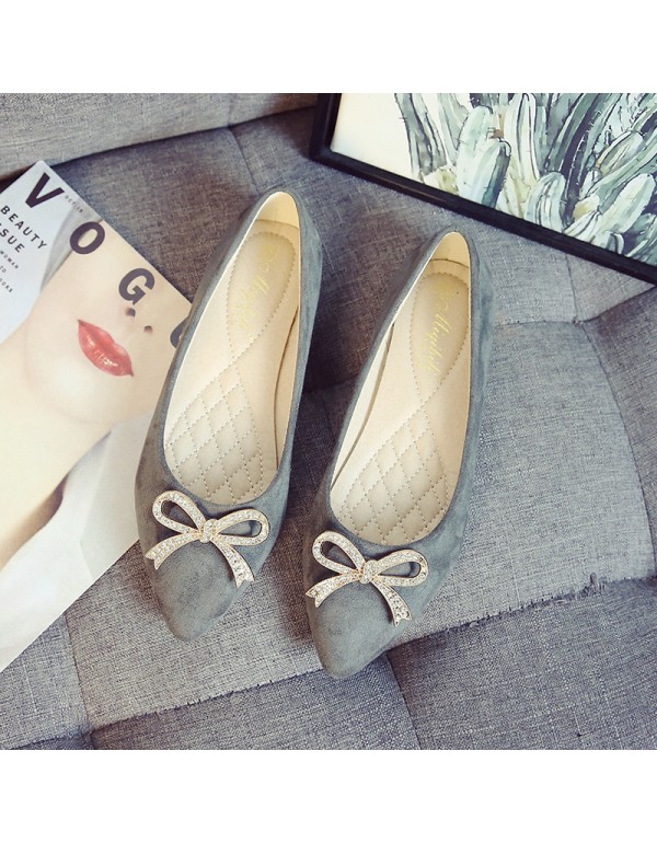 Single shoe women's 2021 early spring new Korean version sweet bow pointed shallow suede soft bottom flat bottom large scoop shoes