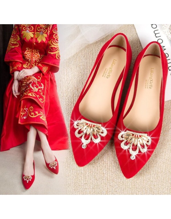 2021 spring new pointed single shoes women's shallow flat shoes suede Rhinestone red wedding shoes Bridesmaid shoes wholesale