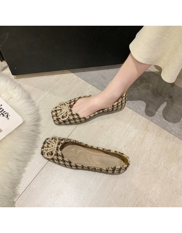 2021 spring new flat sole single shoes women's head shallow mouth thousand bird grid bean shoes bow pearl women's shoes wholesale