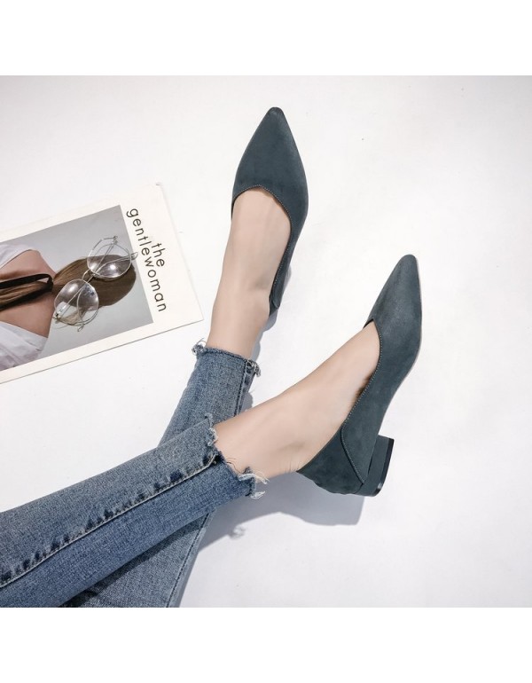 2021 spring new Korean version pointed head shallow mouth thick heel shoes fashion suede low heel black work women's shoes wholesale