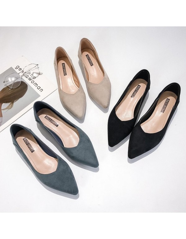 2021 spring new Korean version pointed head shallow mouth thick heel shoes fashion suede low heel black work women's shoes wholesale