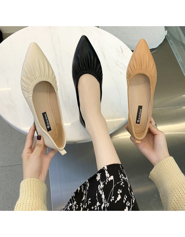 2021 spring new Korean version pointed single shoes shallow mouth cover foot flat shoes wrinkled leather soft sole women's shoes wholesale