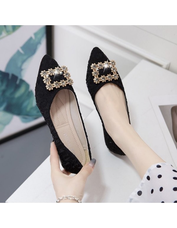 2021 summer new Korean version pointed single shoes Rhinestone square buckle shallow flat shoes silk and satin cloth women's shoes wholesale