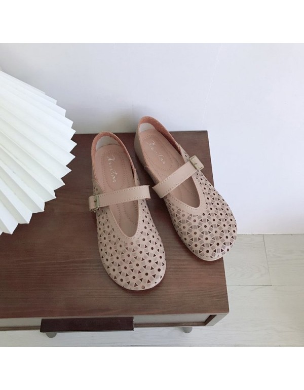 2021 spring and summer new flat sole single shoes round head shallow mouth slotted buckle hollow Doudou shoes soft sole women's shoes wholesale