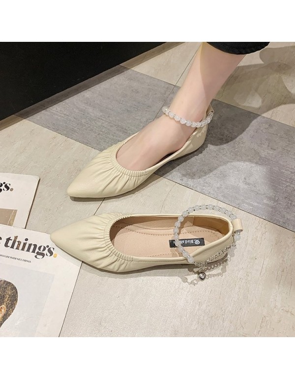 Wholesale of new Korean flat sole single shoes in spring 2021 with pointed shallow mouth Beaded Ankle buckle and wrinkled leather women's shoes