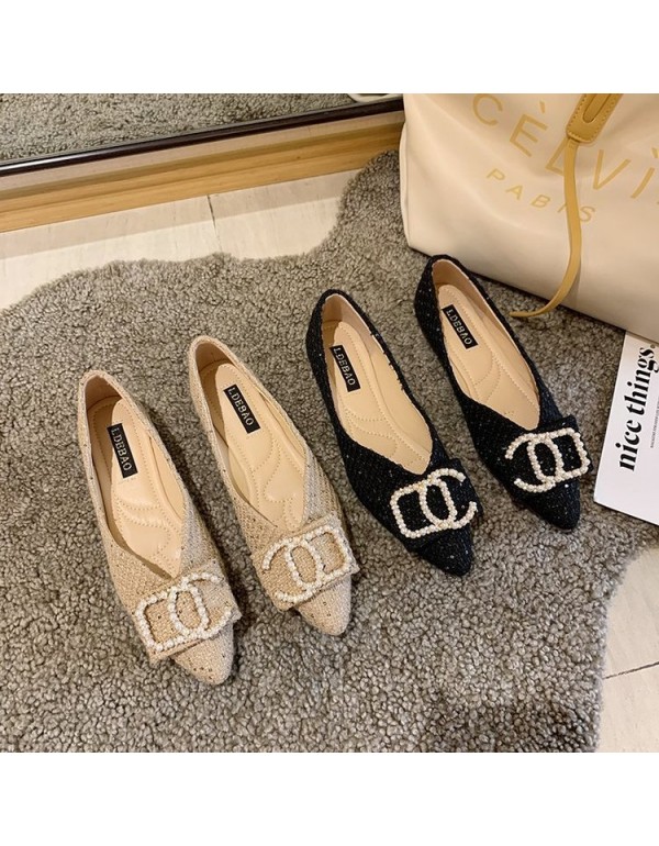 2021 spring new fairy style pointed shallow mouth single shoes pearl buckle cover foot flat shoes comfortable women's shoes wholesale