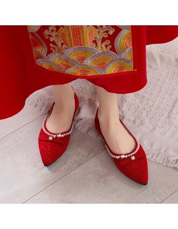 2021 spring new pointed shallow mouth flat shoes women's bow pearl flat heel shoes red wedding shoes wholesale