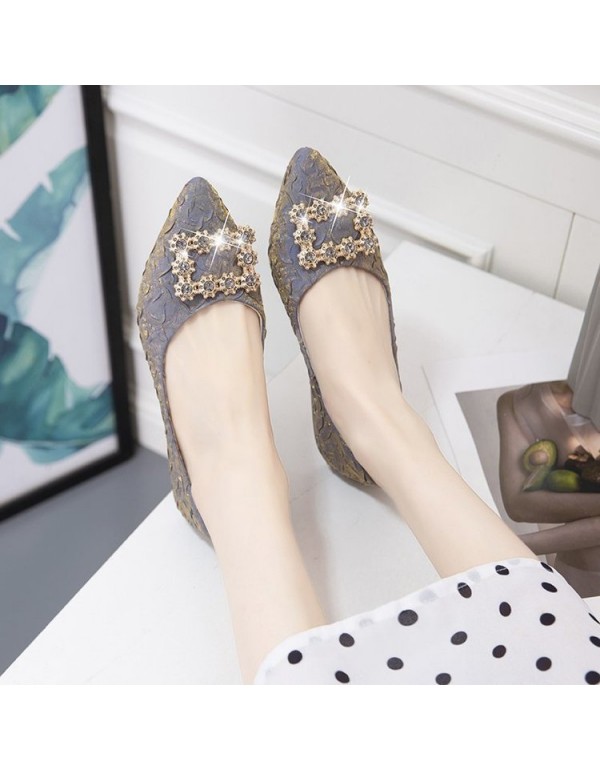 2021 summer new Korean version pointed single shoes Rhinestone square buckle shallow flat shoes silk and satin cloth women's shoes wholesale