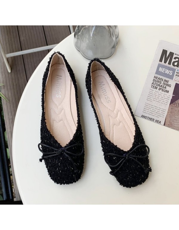 2021 autumn new Korean flat sole single shoes Square Head shallow mouth cloth bean shoes fashion bow women's shoes wholesale