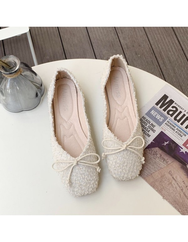 2021 autumn new Korean flat sole single shoes Square Head shallow mouth cloth bean shoes fashion bow women's shoes wholesale