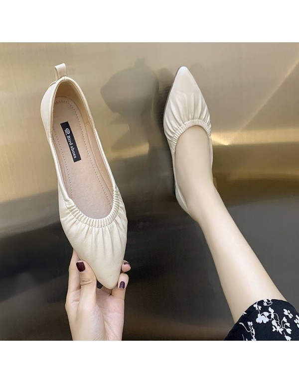 2021 spring new Korean version pointed single shoes shallow mouth cover foot flat shoes wrinkled leather soft sole women's shoes wholesale
