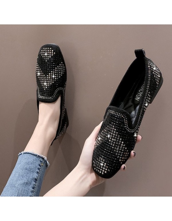 2021 spring new Korean flat sole single shoes square head over foot Doudou shoes fashion Rhinestone flat heel women's shoes wholesale