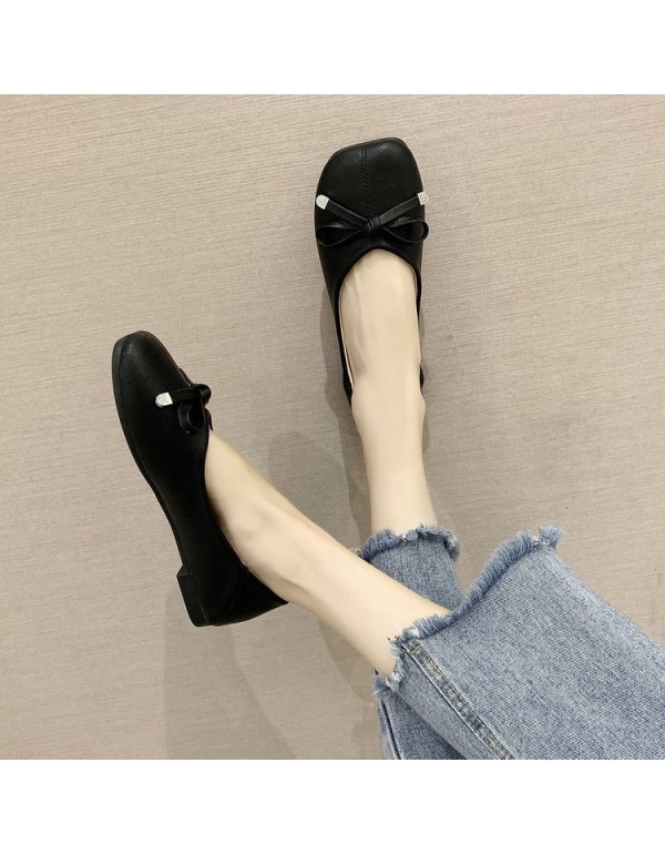 2021 summer new Korean flat sole single shoes bow shallow mouth square head pea shoes comfortable flat heel women's shoes wholesale