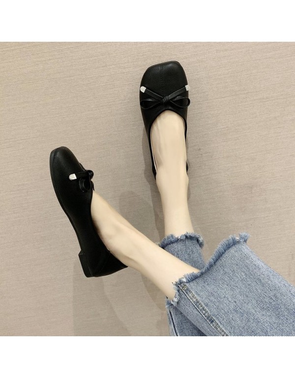 2021 summer new Korean flat sole single shoes bow shallow mouth square head pea shoes comfortable flat heel women's shoes wholesale