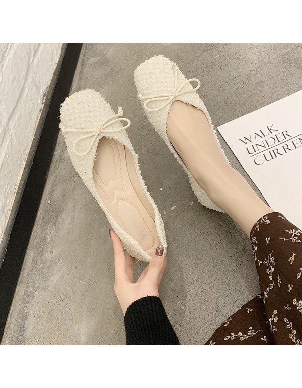 2021 autumn new Korean flat sole single shoes Square Head shallow mouth cloth bean shoes fashion bow women's shoes wholesale