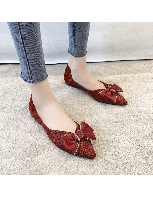 2021 spring new fairy style pointed single shoes shallow mouth woven flat shoes fashion bow women's shoes wholesale