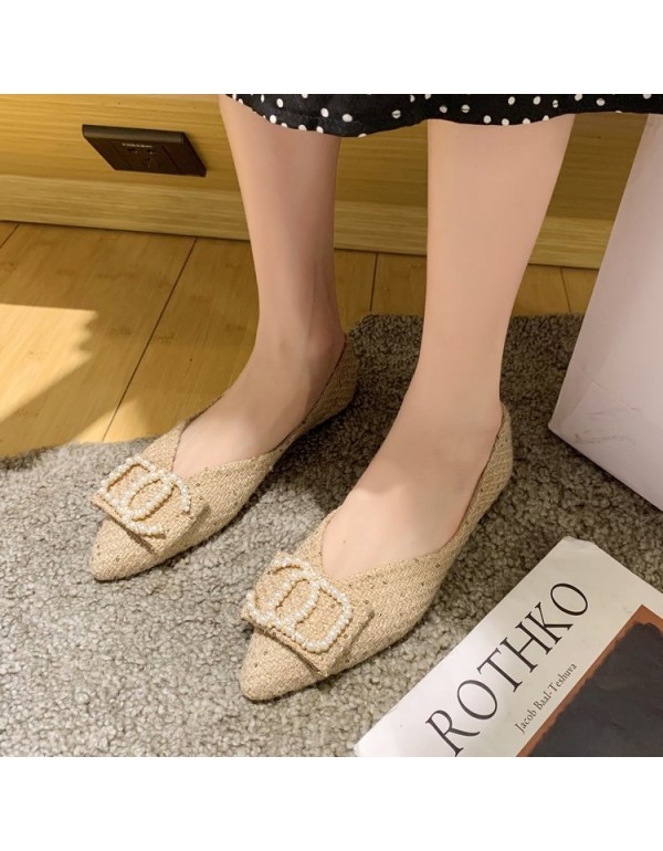 2021 spring new fairy style pointed shallow mouth single shoes pearl buckle cover foot flat shoes comfortable women's shoes wholesale