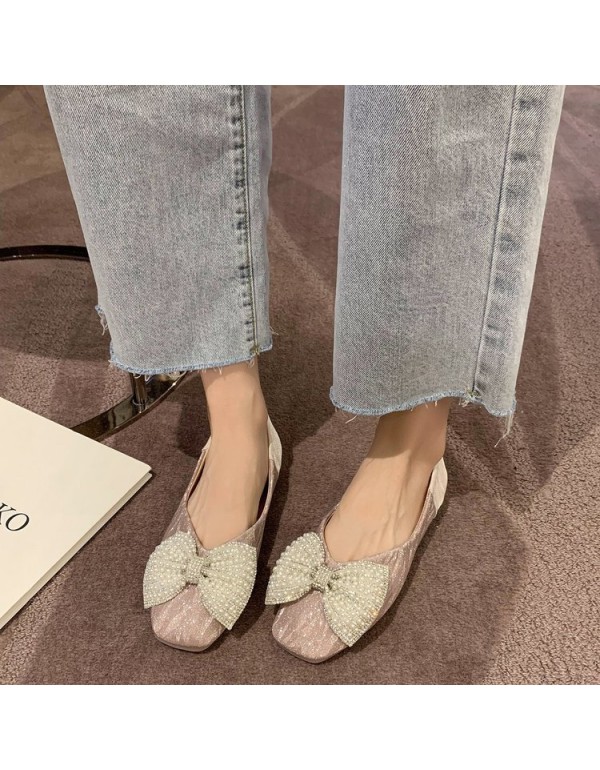 2021 autumn new sweet bow flat sole single shoes Square Head shallow mouth fashion Doudou shoes bright face women's shoes wholesale 