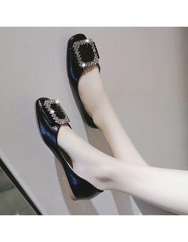 Wholesale of new Korean flat sole single shoes, square head shallow mouth Doudou shoes, Rhinestone square buckle soft soled women's shoes in autumn 2021