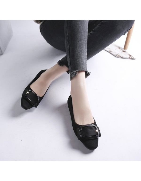 2021 spring new Korean version square head shallow mouth flat shoes Square button suede single shoes fashion Doudou women's shoes wholesale