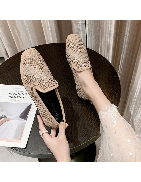 2021 spring new Korean flat sole single shoes square head over foot Doudou shoes fashion Rhinestone flat heel women's shoes wholesale