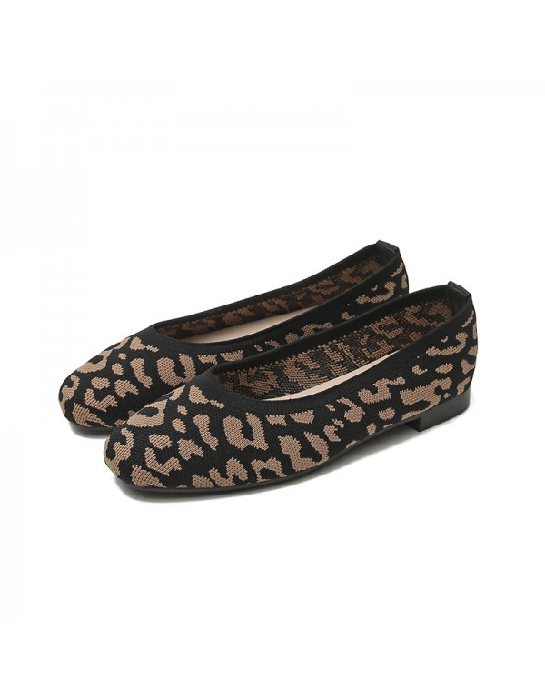 Cross border new comfortable and versatile shallow mouth flat sole single shoes fly weave leopard print simple work driving pregnant women large single shoes