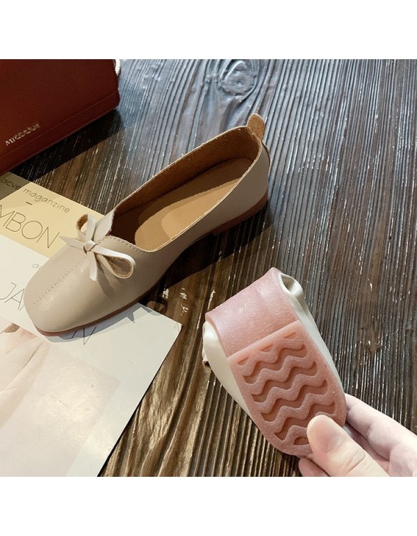 2021 spring new retro square head shallow mouth flat sole single shoe bow flat heel soft bottom pea shoes women's shoes wholesale