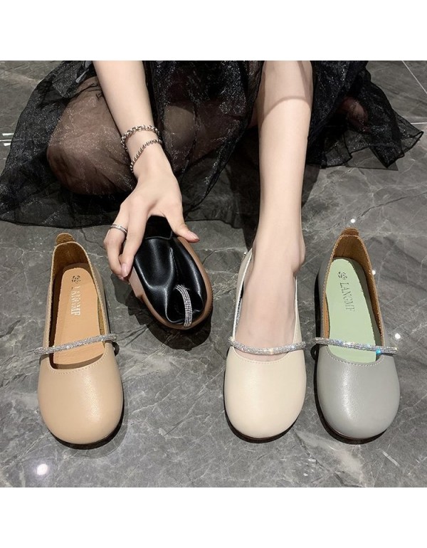 2021 spring new flat sole single shoes women's round head shallow mouth pea shoes Rhinestone flat sole women's shoes wholesale