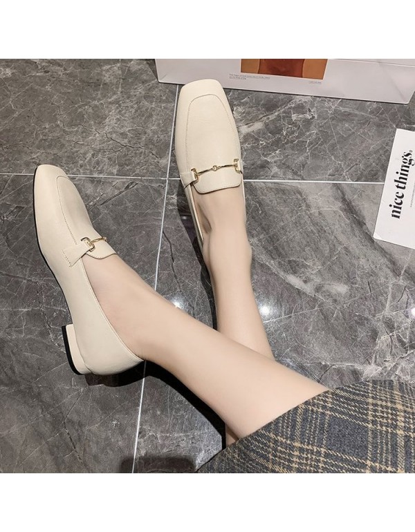 2021 spring new style square head single shoes thick heel sleeve foot metal chain small leather shoes black low heel women's shoes wholesale