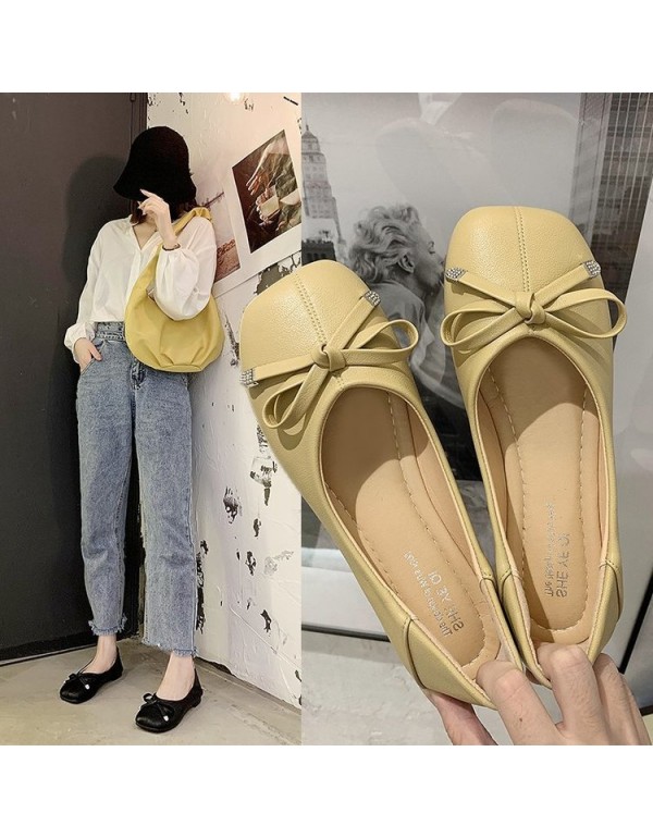 2021 summer new Korean flat sole single shoes bow shallow mouth square head pea shoes comfortable flat heel women's shoes wholesale