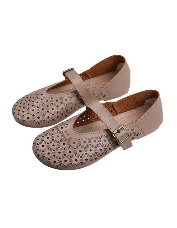 2021 spring and summer new flat sole single shoes round head shallow mouth slotted buckle hollow Doudou shoes soft sole women's shoes wholesale