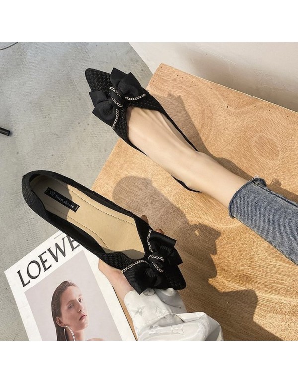 2021 spring new fairy style pointed single shoes shallow mouth woven flat shoes fashion bow women's shoes wholesale