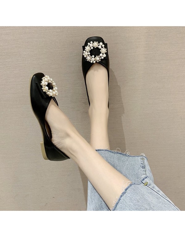 2021 autumn new Korean flat sole single shoes Square Head shallow mouth pearl buckle soft bottom pea shoes comfortable women's shoes wholesale