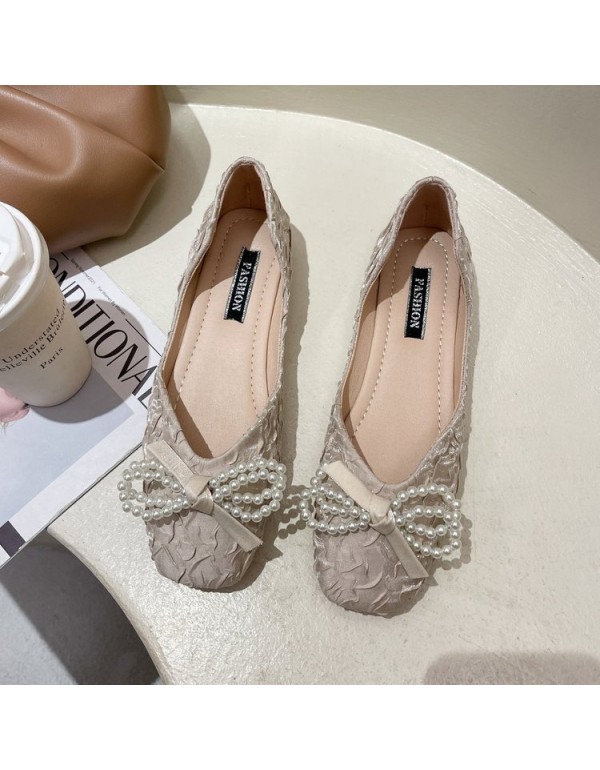 2021 summer new Korean flat sole single shoes silk satin square head shallow mouth Doudou shoes Beaded bow women's shoes wholesale