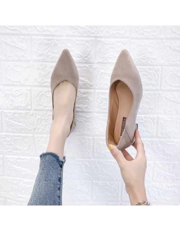 2021 spring new Korean version pointed head shallow mouth thick heel shoes fashion suede low heel black work women's shoes wholesale