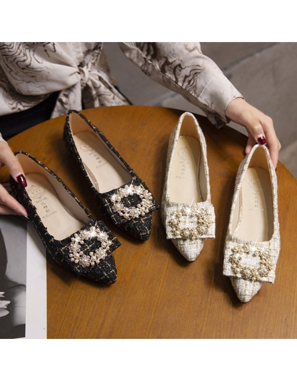 2021 spring new Korean flat shoes pointed shallow mouth pearl ball buckle single shoes lattice comfortable women's shoes wholesale