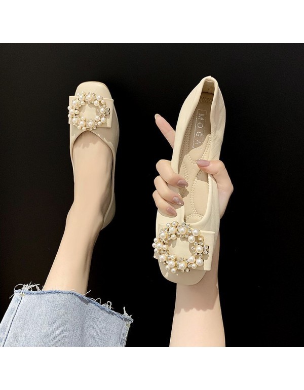 2021 autumn new Korean flat sole single shoes Square Head shallow mouth pearl buckle soft bottom pea shoes comfortable women's shoes wholesale