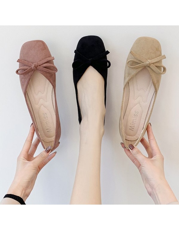 2021 autumn new bow flat sole single shoes women's head shallow mouth pea shoes fashion suede women's shoes wholesale