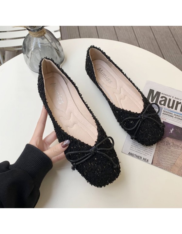 2021 autumn new Korean flat sole single shoes Square Head shallow mouth cloth bean shoes fashion bow women's shoes wholesale