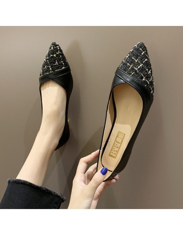 2021 spring new comfortable fairy style flat bottomed pointed single shoes fashion splicing lattice shallow mouth women's shoes wholesale