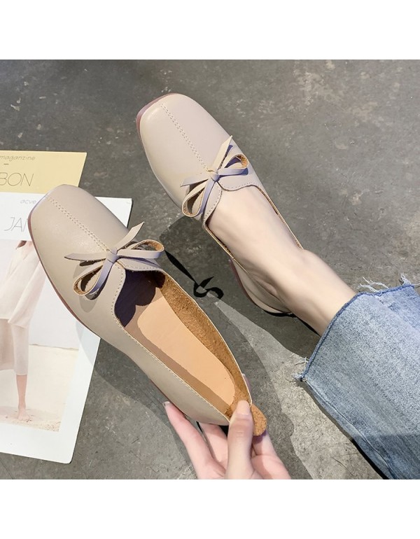 2021 spring new retro square head shallow mouth flat sole single shoe bow flat heel soft bottom pea shoes women's shoes wholesale